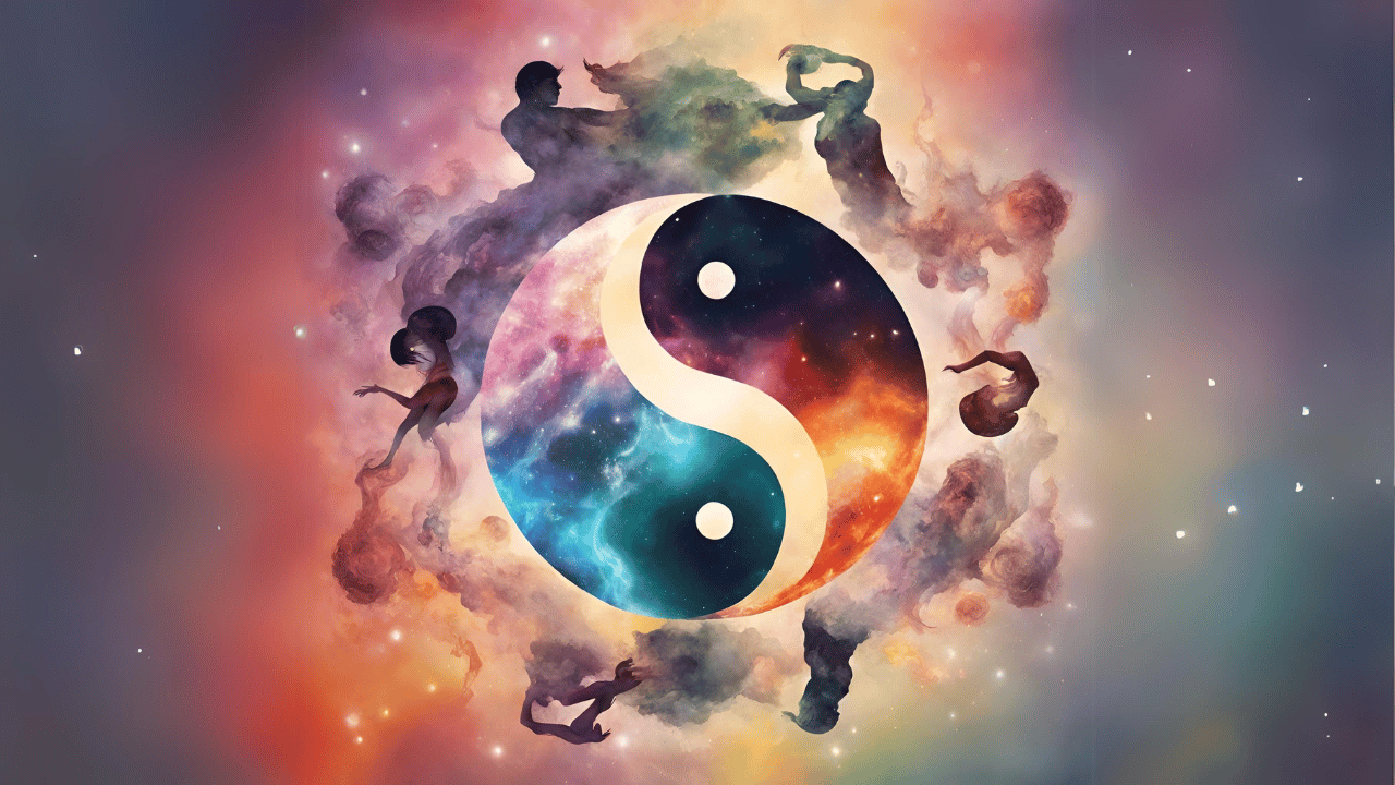 Yin & Yang. Weibliche & männliche Energie umgeben von Wolken. Spiritualität & weibliche Energie