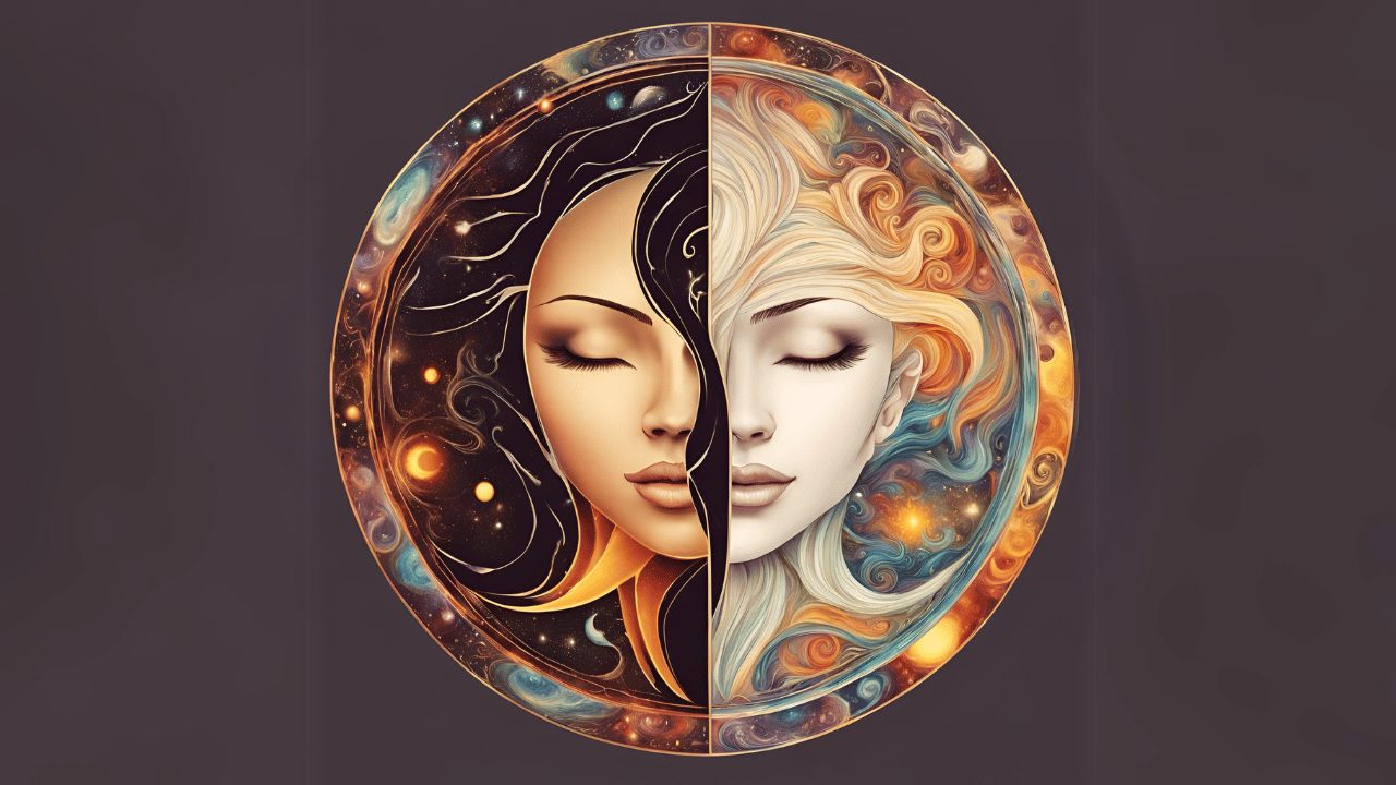 Zwei Frauengesichter im Kreis von Yin & Yang. Spiritualität & weibliche Energie