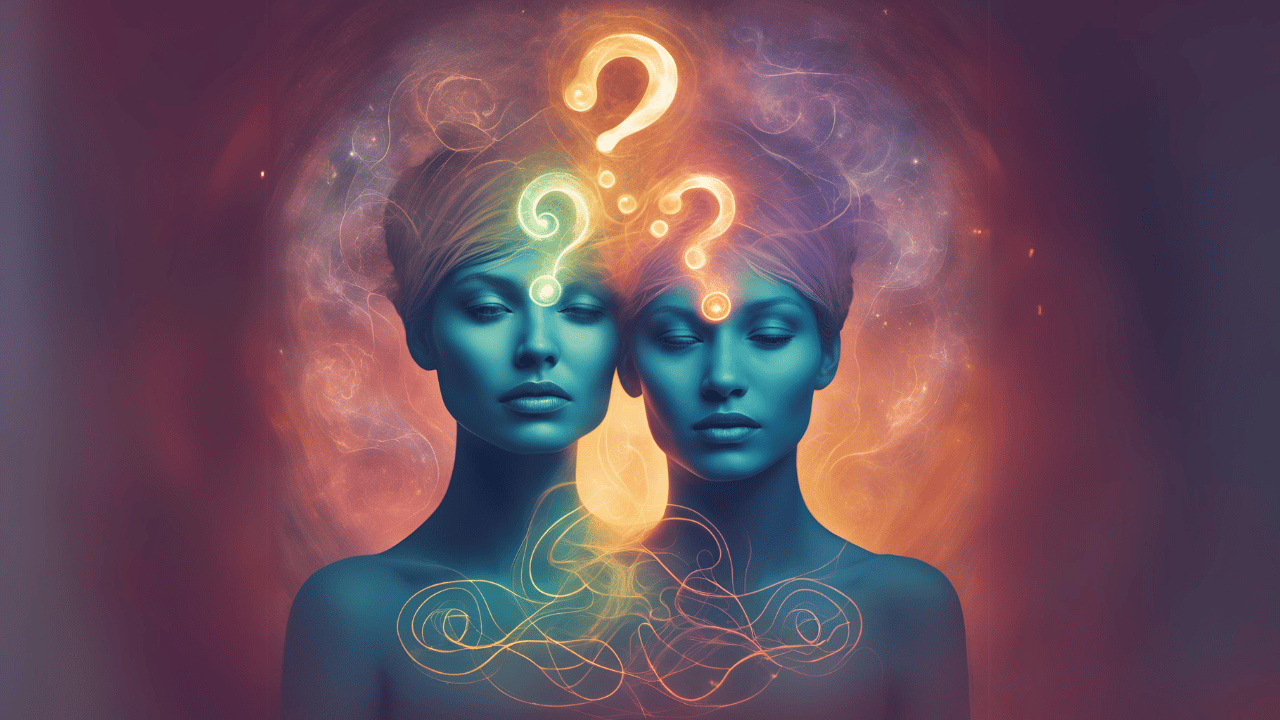 Zwei Frauen mit Fragezeichen über ihren Köpfen. Spiritualität & weibliche Energie