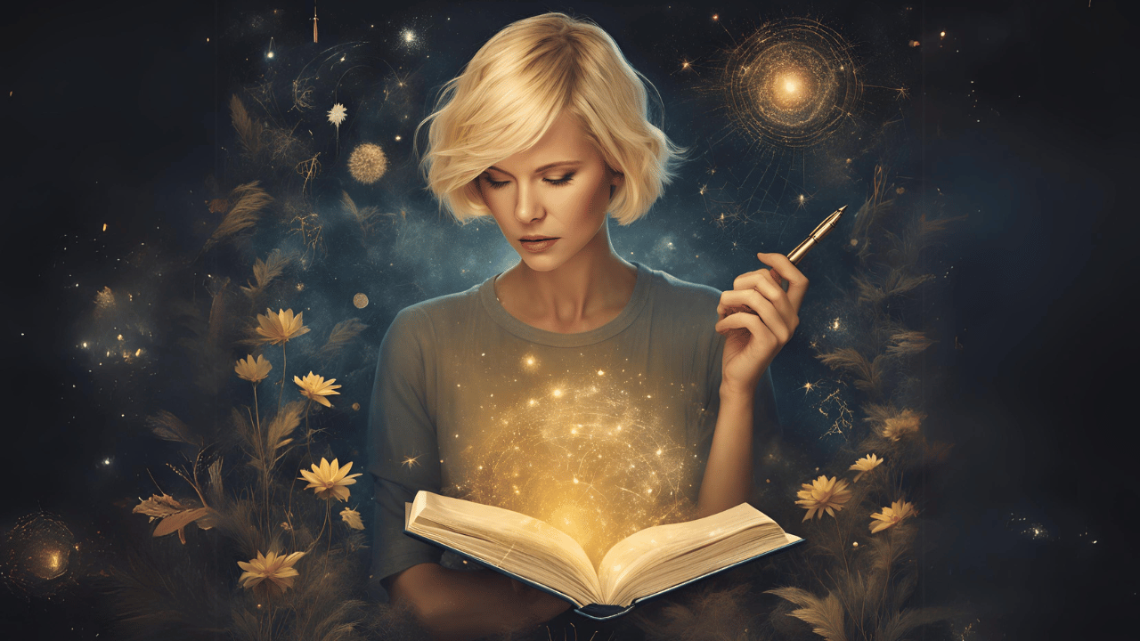 Eine Frau, die ein Schreibstift und ein Buch in ihren Händen hält. Magisch Loslassen.