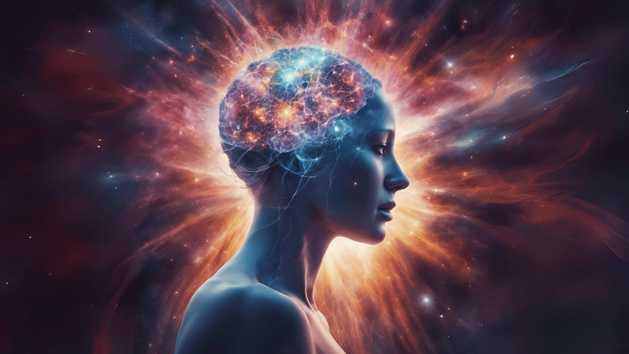 Eine Frau mit einem Gehirn inmitten des Universums.