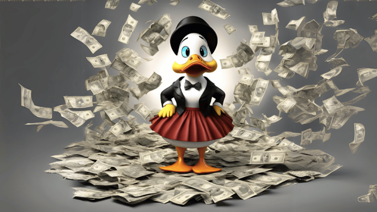 Eine Cartoon-Ente, die in einem Geldhaufen steht. Reich und Unglücklich