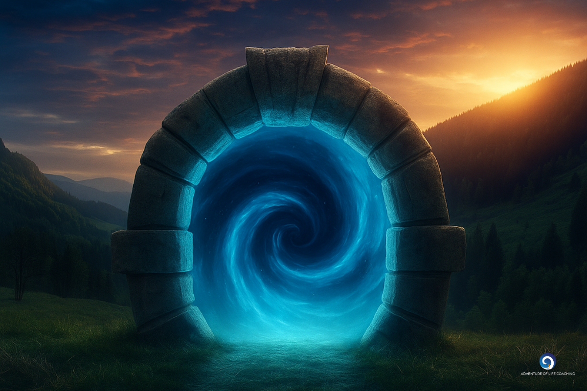 Ein leuchtendes Portal öffnet sich in der Natur – Sinnbild für Transformation, Bewusstsein sowie für emotionale und seelische Kompetenz.