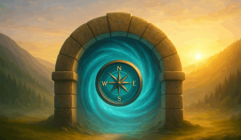 Mystisches Steinportal mit leuchtendem, blauem Strudel und Kompass im Vordergrund – Symbol für Transformation, Bewusstsein sowie emotionale und seelische Kompetenz.