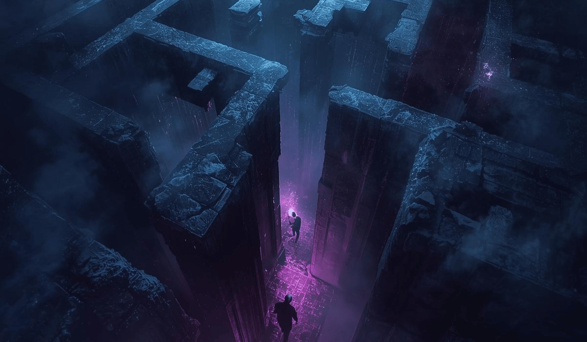 Ein Labyrinth und zwei umherirrende Menschen mit Fackel. Blog: Schlüssel zur Urwunde. Kerstin Schuster, Adventure Of Life Coaching