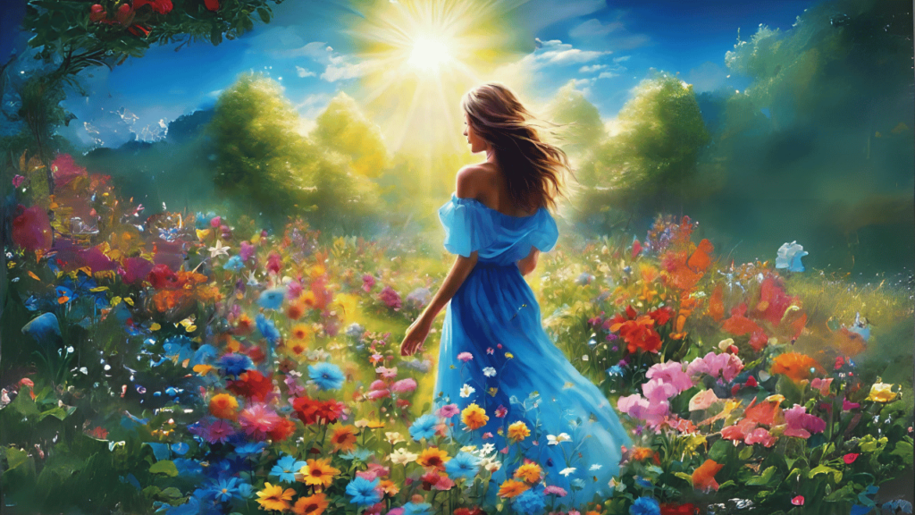 Eine bunte Blumenwiese inmitten eine Frau, selbstbewusst, in langem Gewand, die Sonne strahlend.